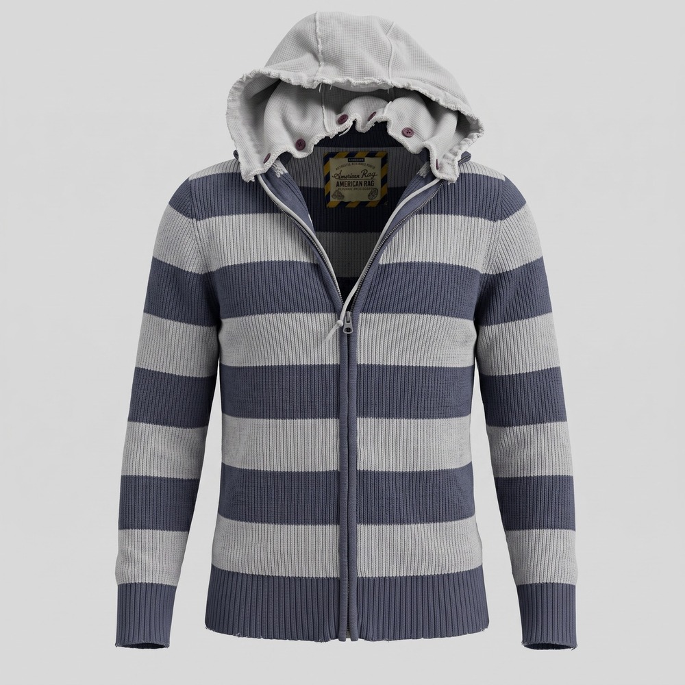 American Rag Mens Large Blue Striped Full Zip Hooded Sweater Casual Cotton Knit